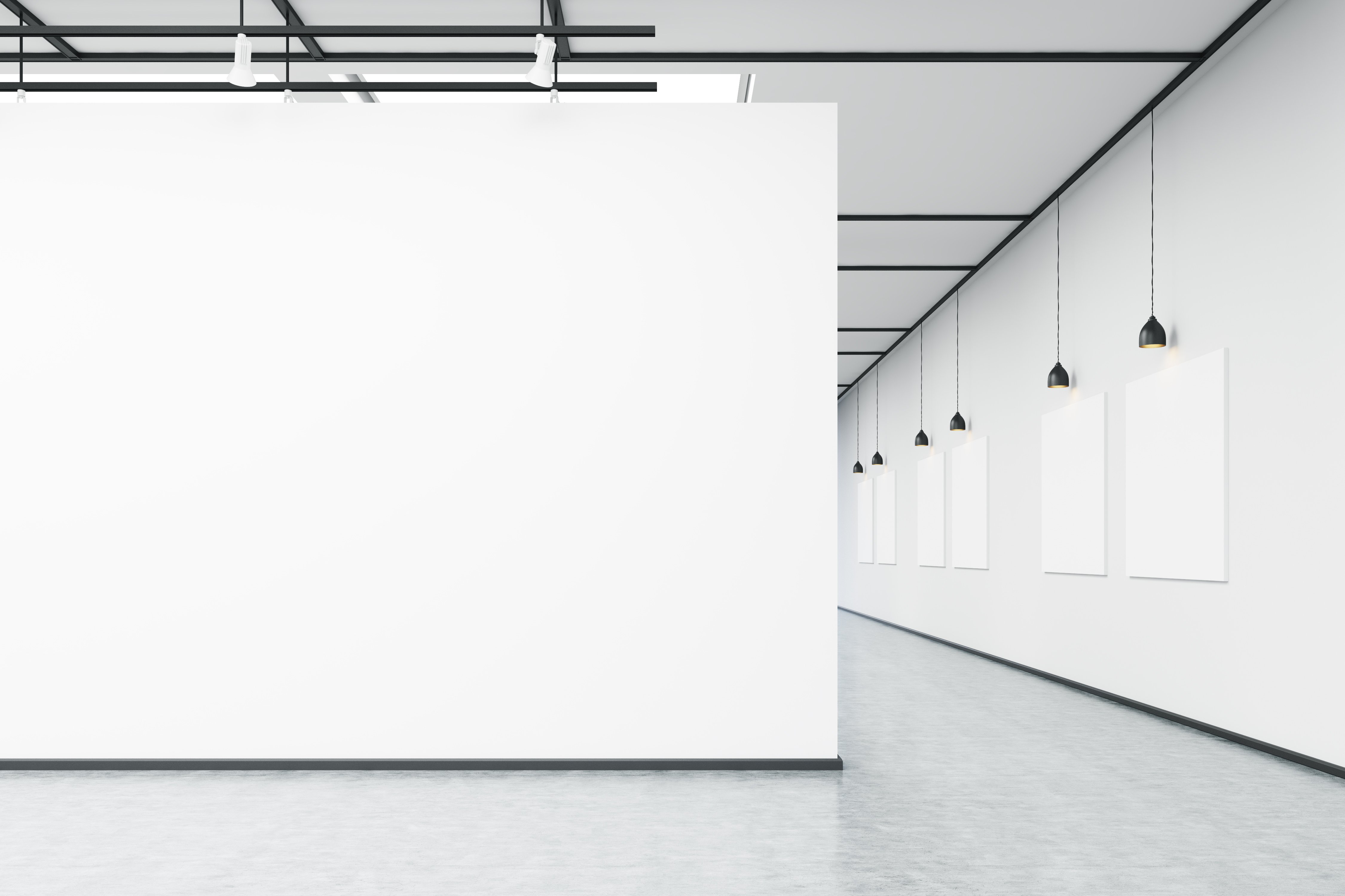 Art gallery with large white wall and several empty banners hanging on white wall. Concrete floor. Concept of an art exhibition. 3d rendering. Mock up.